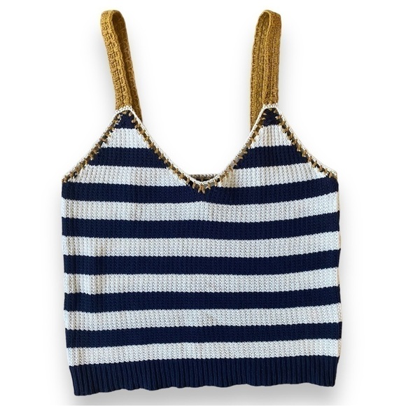 HEM & Thread Navy, White, and Gold Stripe Crochet Knit Tank Top | Size Medium - Picture 10 of 14